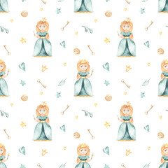 Obraz na płótnie Canvas Watercolor seamless pattern with cute princess, crown, flowers, key, leaves in green on a white background
