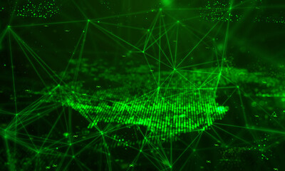 Green particle line background with america map.