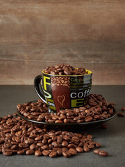 Coffee beans and hot coffee on the table