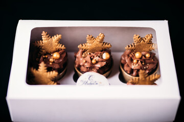 Chocolate cupcakes with star-shaped cookies in a white box. Christmas mood. Sweets for any occasion