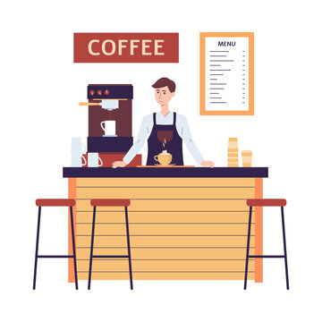 Man barista behind counter in coffeehouse flat vector illustration isolated.