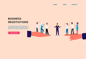 Mediation in business negotiations web banner flat vector illustration.