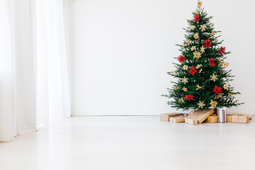 Winter Christmas tree pine with gifts decor interior new year