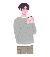 A young Asian male is holding a smartphone. Smartphone use illustration.