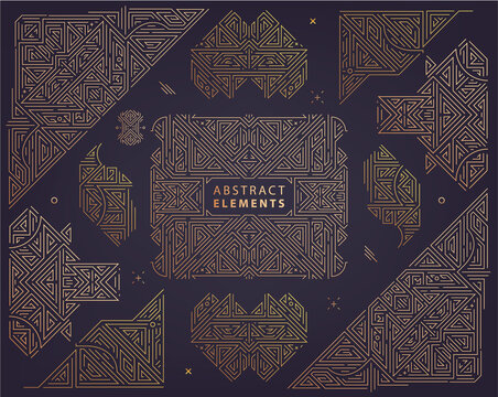 Set of vector Art deco golden borders, frames. Creative templates in style of 1920s. Trendy cover, graphic poster, gatsby brochure, design, packaging and branding. Geometric shapes, ornaments
