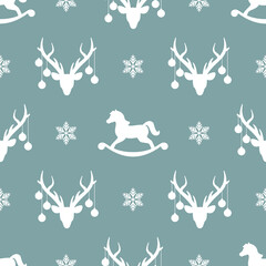 seamless winter pattern with white silhouette of deers with christmas tree toy balls on horns