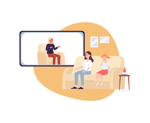 Woman with daughter on psychologist online session flat vector illustration.