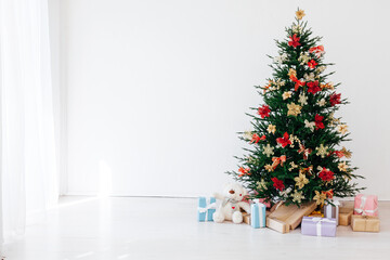 Winter interior Christmas tree pine with gifts decor new year