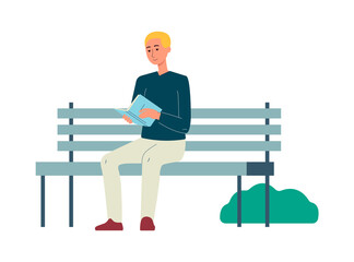 Fototapeta premium Cartoon man reading book on park bench. Reader person outdoors