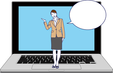 パソコンの画面から説明をする女性のイラスト