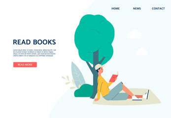 A young guy reading a book in park or nature - vector landing page template.