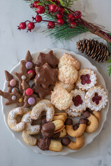 Traditional home made German Christmas Cookies on a festive table