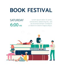 Book festival poster with people reading books flat vector illustration.