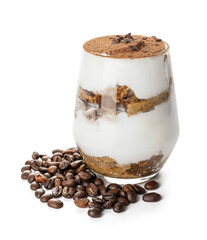 Sweet tasty tiramisu on white background