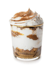 Sweet tasty tiramisu on white background