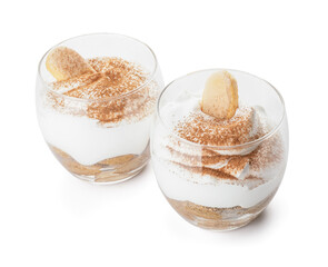 Sweet tasty tiramisu on white background