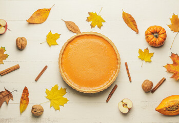 Composition with tasty pumpkin pie on light background