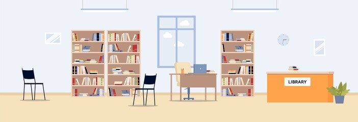 Library with bookshelves and counter of librarian, flat vector illustration.