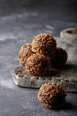 Homemade chocolate sweets-truffles Chocolate tasty snack On grey background