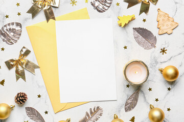 Beautiful Christmas composition with blank card on light background