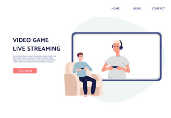 Landing page template with video tutorial computer game a vector flat illustration