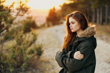 woman tourist looking aside landscape nature road vacation