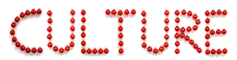 Red Christmas Ball Ornament Building English Word Culture. Festive Christmas Decoration. White Isolated Background