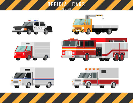 City Cars Vector Icons Set. Ambulance, Police, Fire Truck, Mail Truck, Tow Truck, Crane, Truck