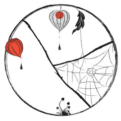 Vector round frame with fruit with husk of physalis. mushrooms and spiderweb  in black, white and orange colors.