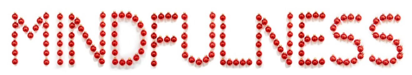 Red Christmas Ball Ornament Building English Word Mindfulness. Festive Christmas Decoration. White Isolated Background
