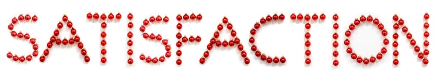 Red Christmas Ball Ornament Building English Word Satisfaction. Festive Christmas Decoration. White Isolated Background