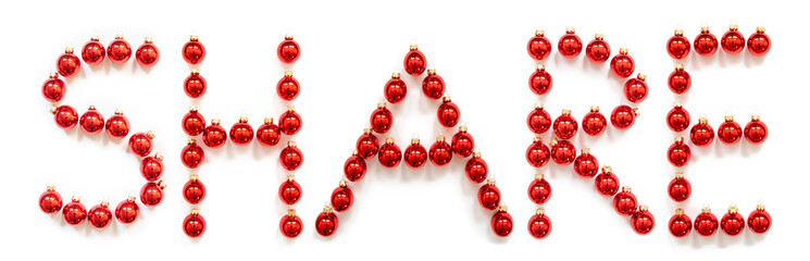 Red Christmas Ball Ornament Building English Word Share. Festive Christmas Decoration. White Isolated Background