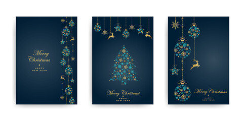 Pack of greeting cards with Christmas  ball, christmas tree and dear made from gold and turquoise snowflakes on dark background. Holiday pattern. Vector illustratio