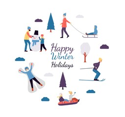 Fototapeta na wymiar Banner with flat vector illustrations of outdoor activity in the winter holidays