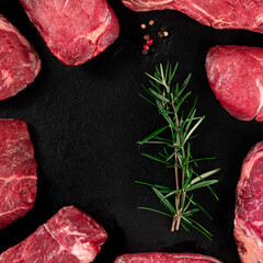 Meat frame. Various cuts of beef, overhead flat lay shot, a square frame with a place for text