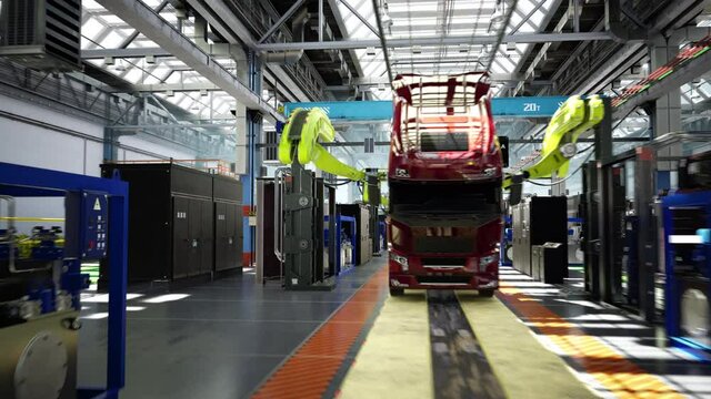 Assembly line production at the modern truck factory.