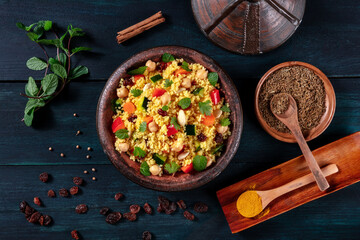 Traditional couscous in a tajine, shot from the top with spices and herbs on a dark wooden...