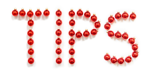 Red Christmas Ball Ornament Building English Word Tips. Festive Christmas Decoration. White Isolated Background