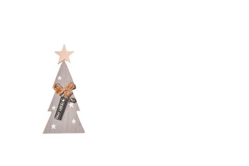 Christmas and New Year flatly. Copy space. Wooden Christmas tree on a white background.