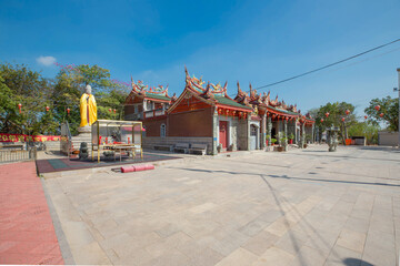 Ancient Chinese temple with a golden Guanyin Statue in Dadeng Island, Fujian, China