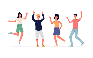 Group of young cheerful people dancing flat vector illustration isolated.