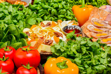 Presentation of georgian cuisine. Baked mushrooms with suluguni cheese, Tbilisi Caesar, caprese, lavash bread, Pkhali