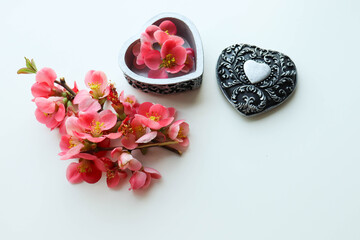 Happy Valentine's Day greeting card. beautiful bouquet of flowers and heart shaped gift box