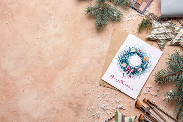 Beautiful composition with greeting card for Christmas celebration and female accessories on color background