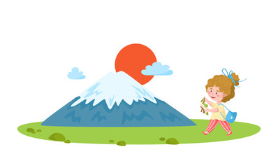 Travel cartoon girl with map and bag and mount Fuji, Japanese landmark or world place composition and cute kids character, isolated on white background vector illustration