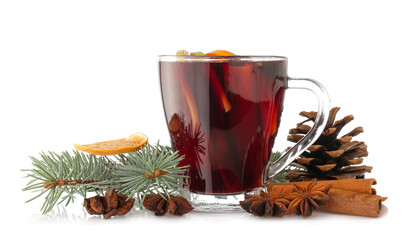 Cup of tasty mulled wine on white background