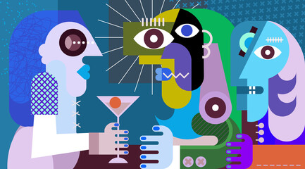Une femme avec un cocktail. Trois amis buvant des cocktails lors d& 39 une soirée en boîte de nuit. Illustration graphique d& 39 art abstrait moderne.