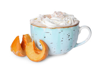 Cup of pumpkin cappuccino on white background