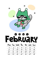 Calendar page with cute cat on white background. Wall monthly calendar or desk calendar 2021. February Month.