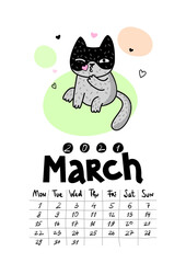 Calendar page with cute cat on white background. Wall monthly calendar or desk calendar 2021. March Month.